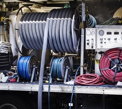 Hose and water pump running from professional carpet cleaning service truck mount van.