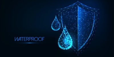 Modern wireframe design with glowing low polygonal water droplets and shield on a dark blue background vector illustration. Flotex Flooring waterproof, concept.