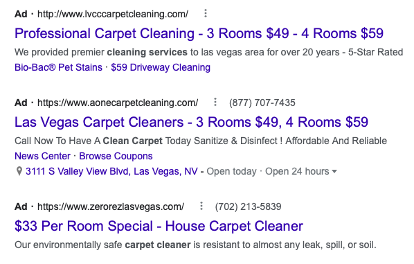 Google search results displaying local carpet cleaning services google ads.