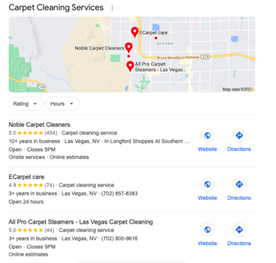 Google search results displaying local carpet cleaning services Google My Business listings.