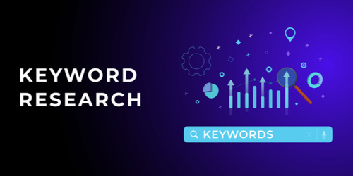 Keyword Research concept. This concept includes the phrase "Keyword Research" a bar chart for keyword rankings, and an SEO toolbar.