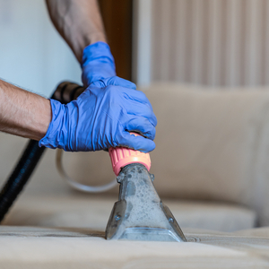 Carpet cleaner's in protective gloves as they remove dirt from the furniture. Sofa chemical cleaning with a professional extraction process. Upholstery Cleaning Service concept.