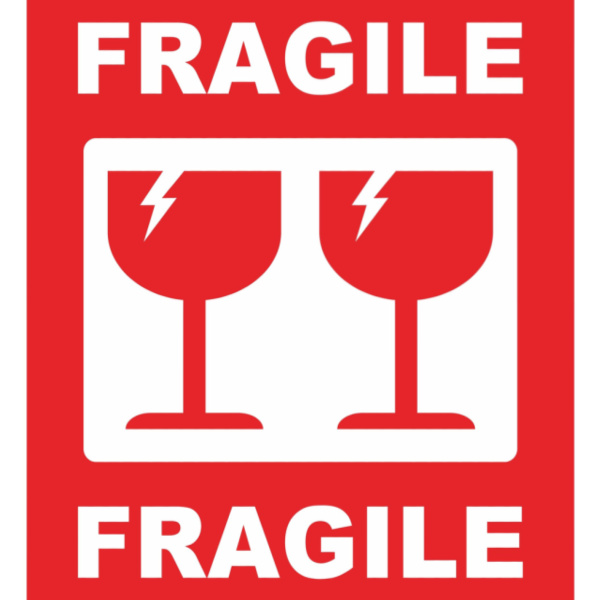 A white lettering vector symbol contains the word “Fragile” with two cracked wine glasses on a red background.