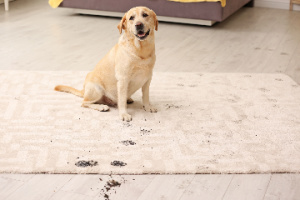 The dog leaves muddy paw prints on the carpet, which are visible —the concept for carpet cleaning tips for pet owners.