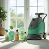 An array of eco-friendly cleaning solutions and a rented carpet cleaning machine, illustrating green cleaning methods used in carpet cleaning equipment rental.