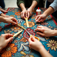 Diverse hands transform old carpets into vibrant wall art, showcasing upcycling in a workshop setting. The concept represents how to dispose of carpets.