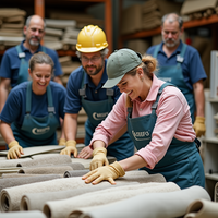 Diverse workers recycle carpets at an eco-friendly center, showcasing community effort and environmental responsibility. The concept represents how to dispose of carpets.